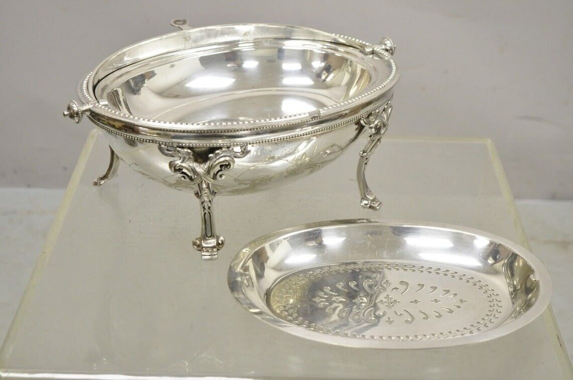 Antique Edwardian Silver Plated Revolving Dome Oval Chafing Dish Food Warmer