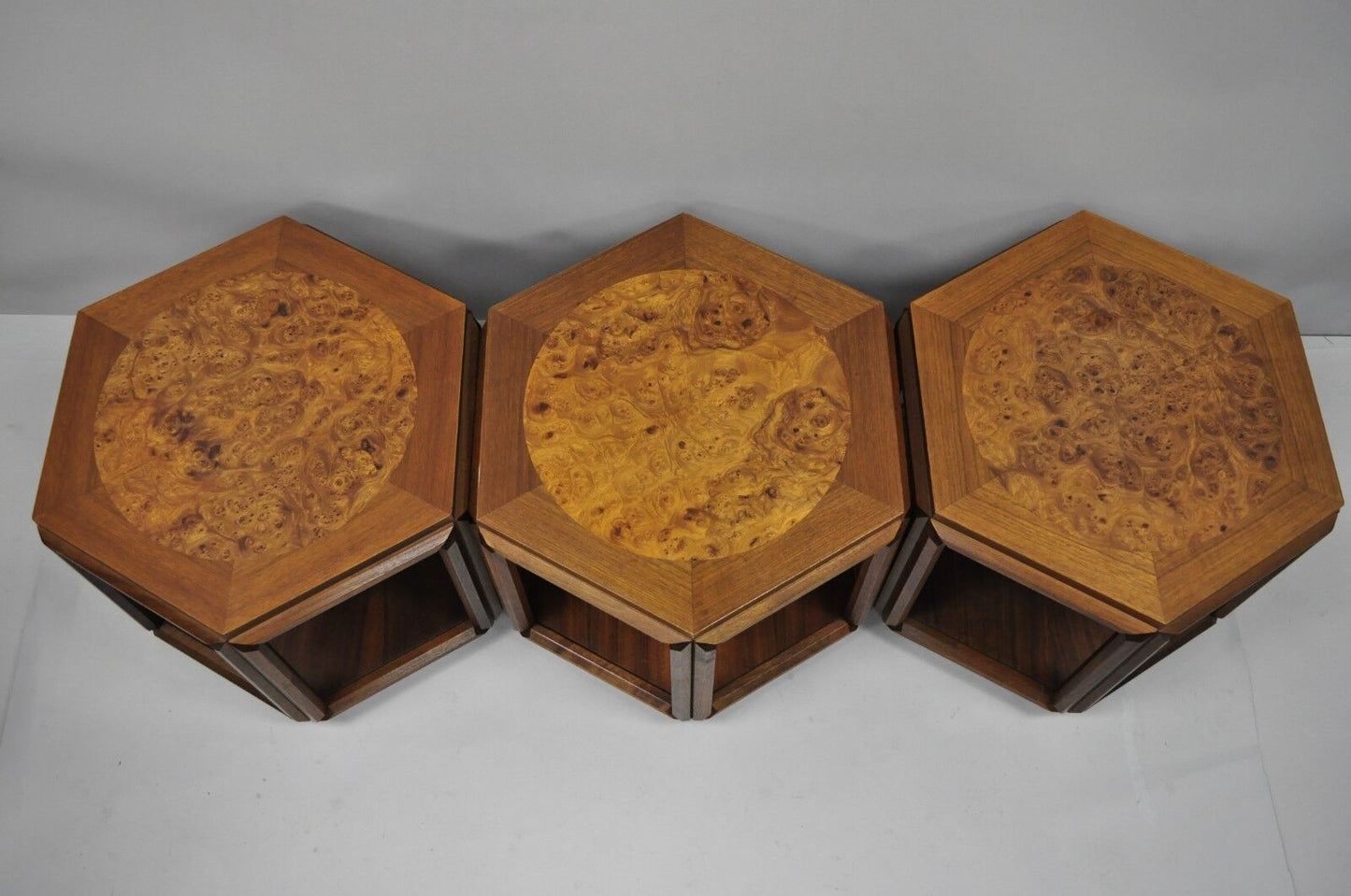 John Keal Brown Saltman Burl Wood Hexagon Mid Century Modern Side Table Set of 3