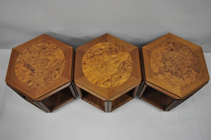 John Keal Brown Saltman Burl Wood Hexagon Mid Century Modern Side Table Set of 3