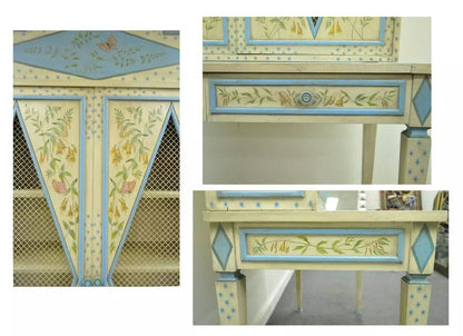 Vintage Chinoiserie Butterfly & Bird Custom Painted Tall Secretary Desk & Chair