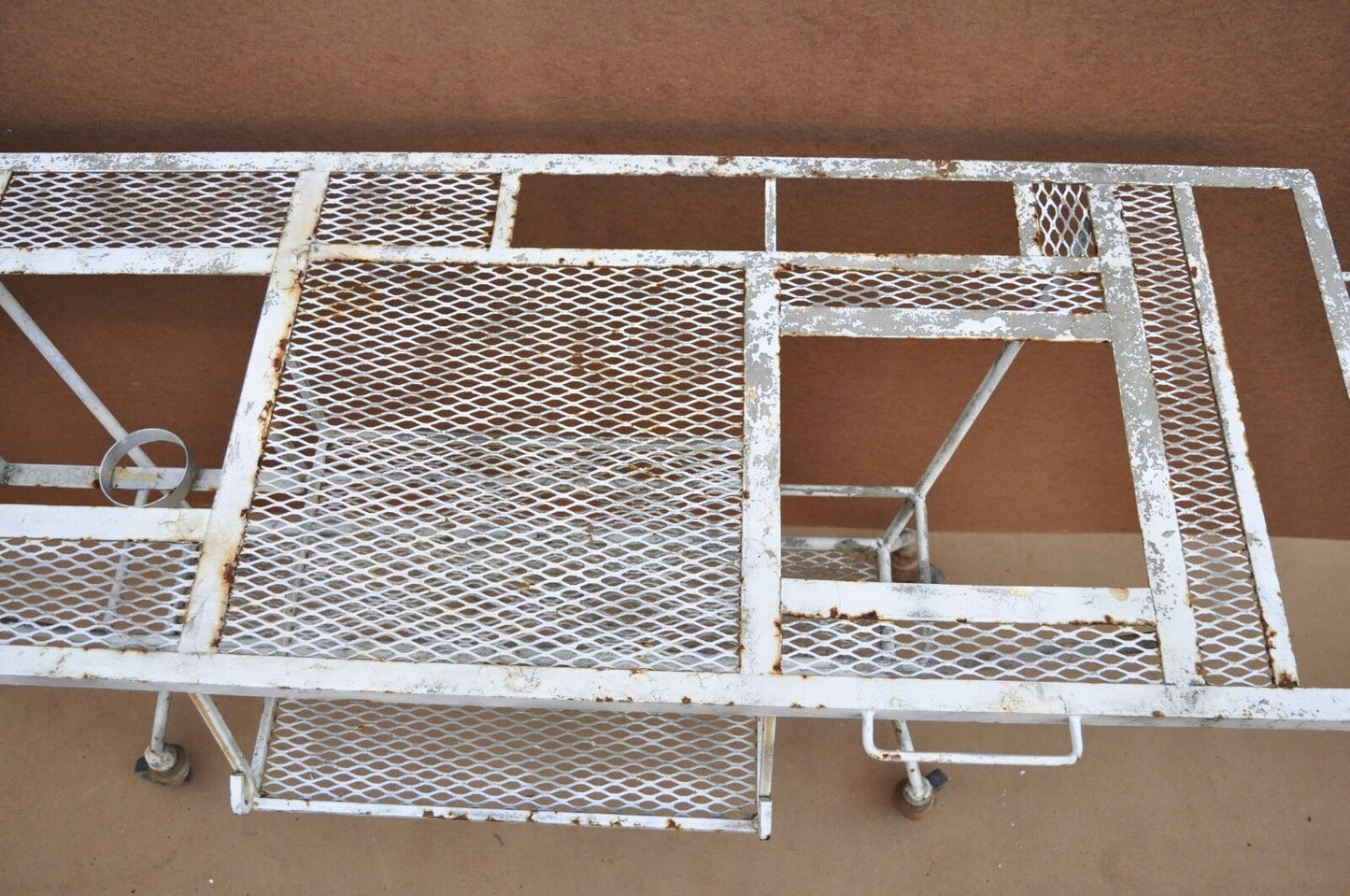 Vintage Mid Century Modern Wrought Iron Metal Mesh Rolling Bar Cart Table