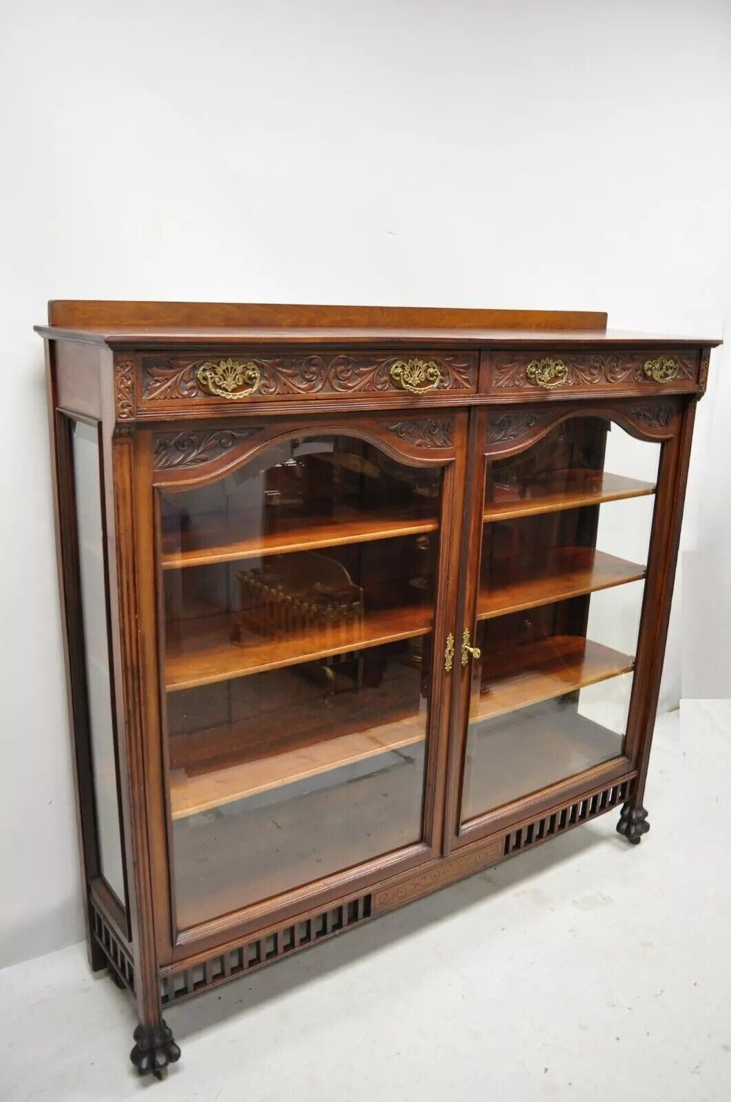 Antique American Victorian Paw Foot Carved Mahogany China Cabinet Bookcase Curio