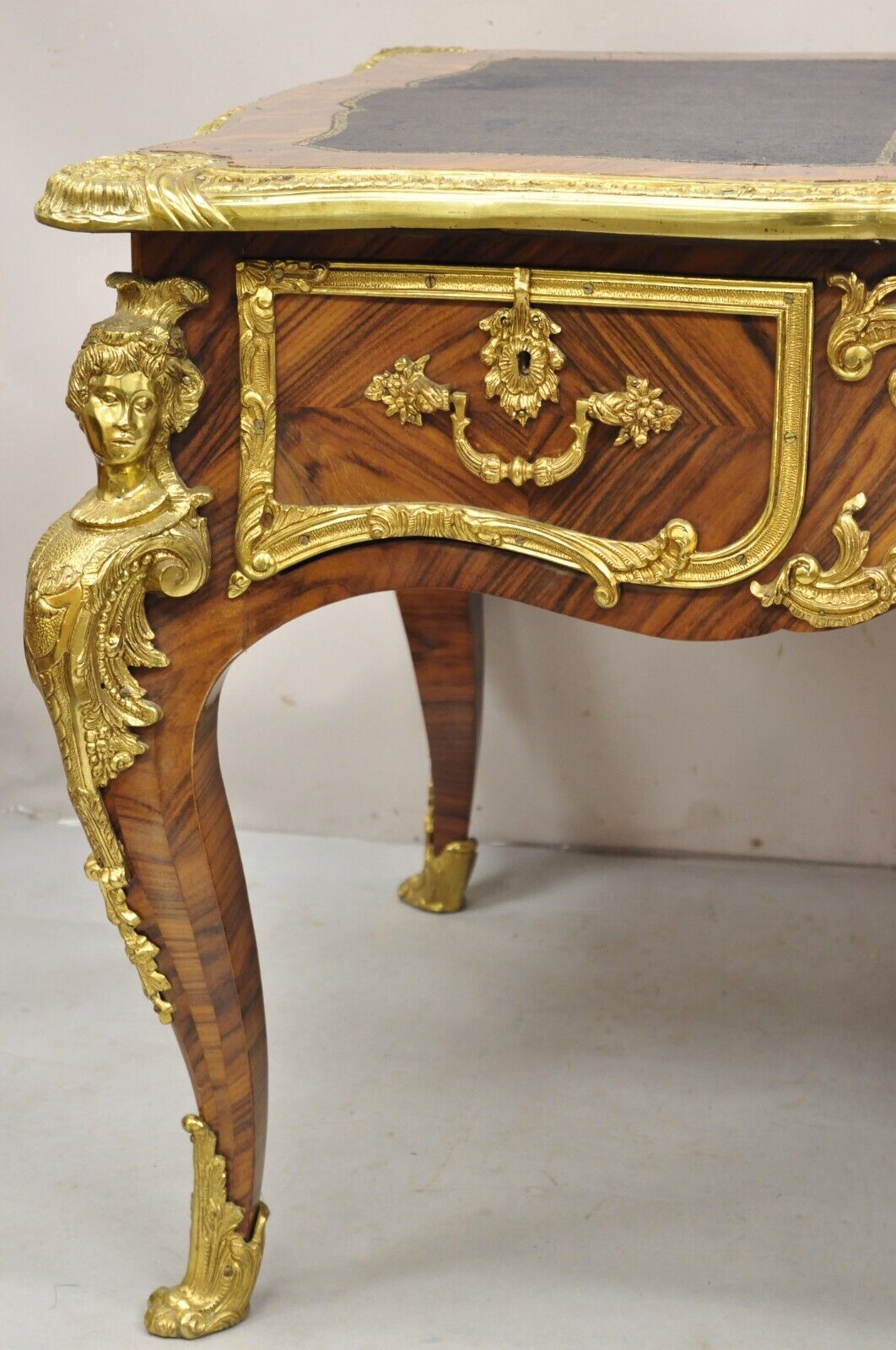 French Louis XV Style Figural Bronze Ormolu Leather Top Bureau Plat Writing Desk