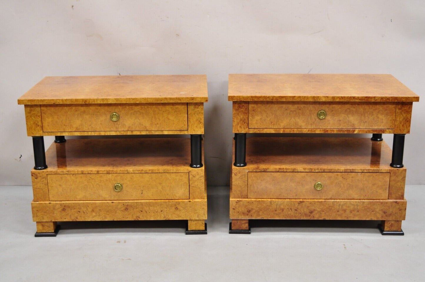 Vintage Casa Nova Italian Empire Style Burl Wood 2 Tier Nightstands - a Pair