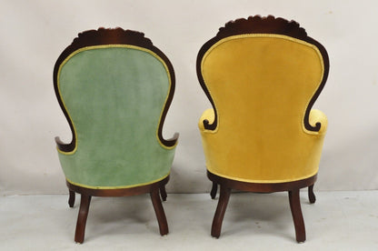 Vintage Victorian Green & Yellow His & Hers Rose Carved Parlor Chairs - a Pair