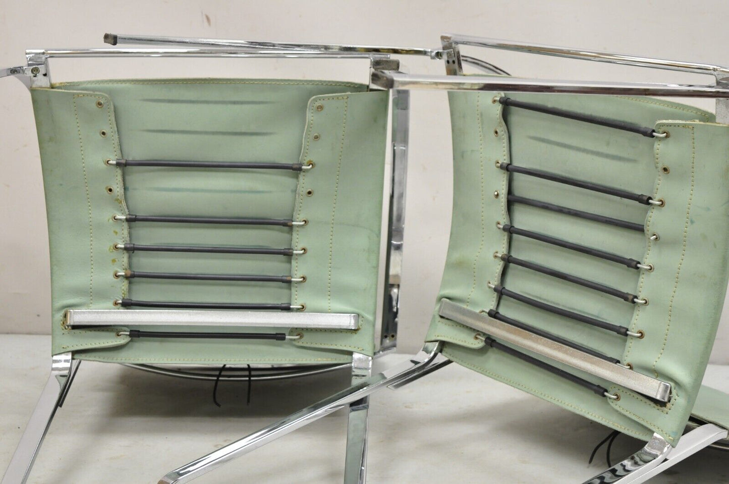 Italian Modern Naos Italy Teal Blue Leather Chrome "Corset" Arm Chairs - a Pair