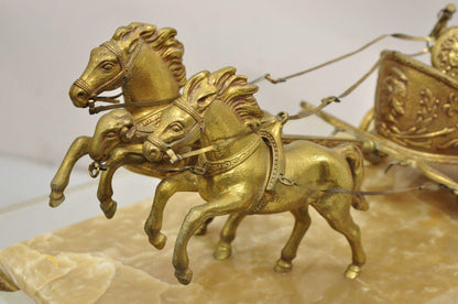 Vintage Gold Gilt Metal Roman Horse Drawn Chariot Sculpture on Marble Base