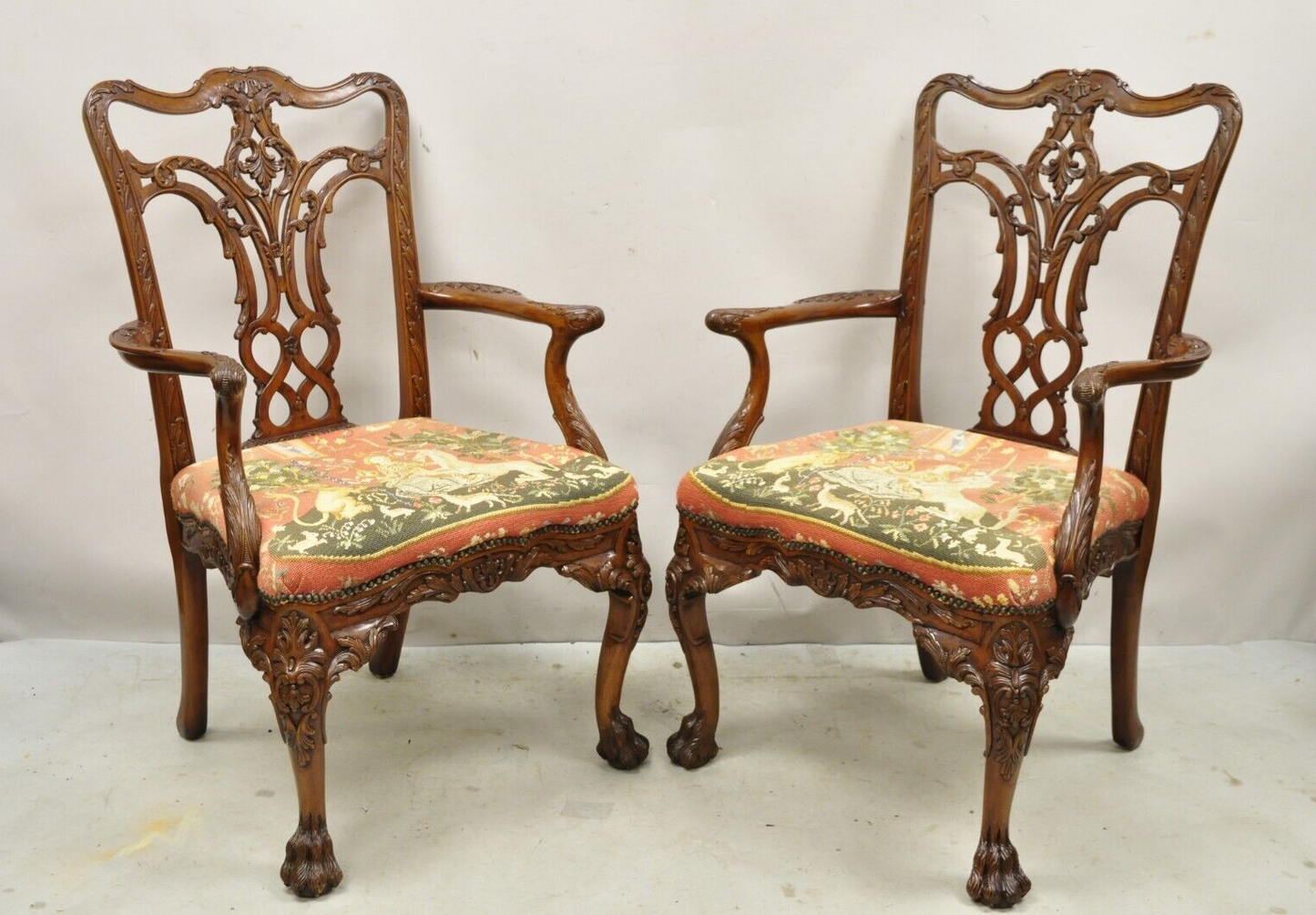 Maitland Smith Georgian Style Carved Mahogany Needlepoint Seat Arm Chairs a Pair