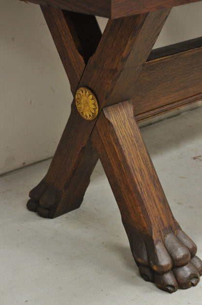 Antique English Renaissance Oak Wood Trestle Sawbuck Dining Table with Paw Feet