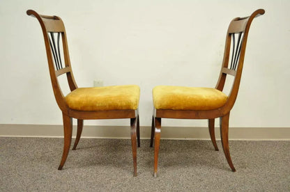 19th C Biedermeier Italian Burl Fruitwood Curule Base Side Chairs - a Pair