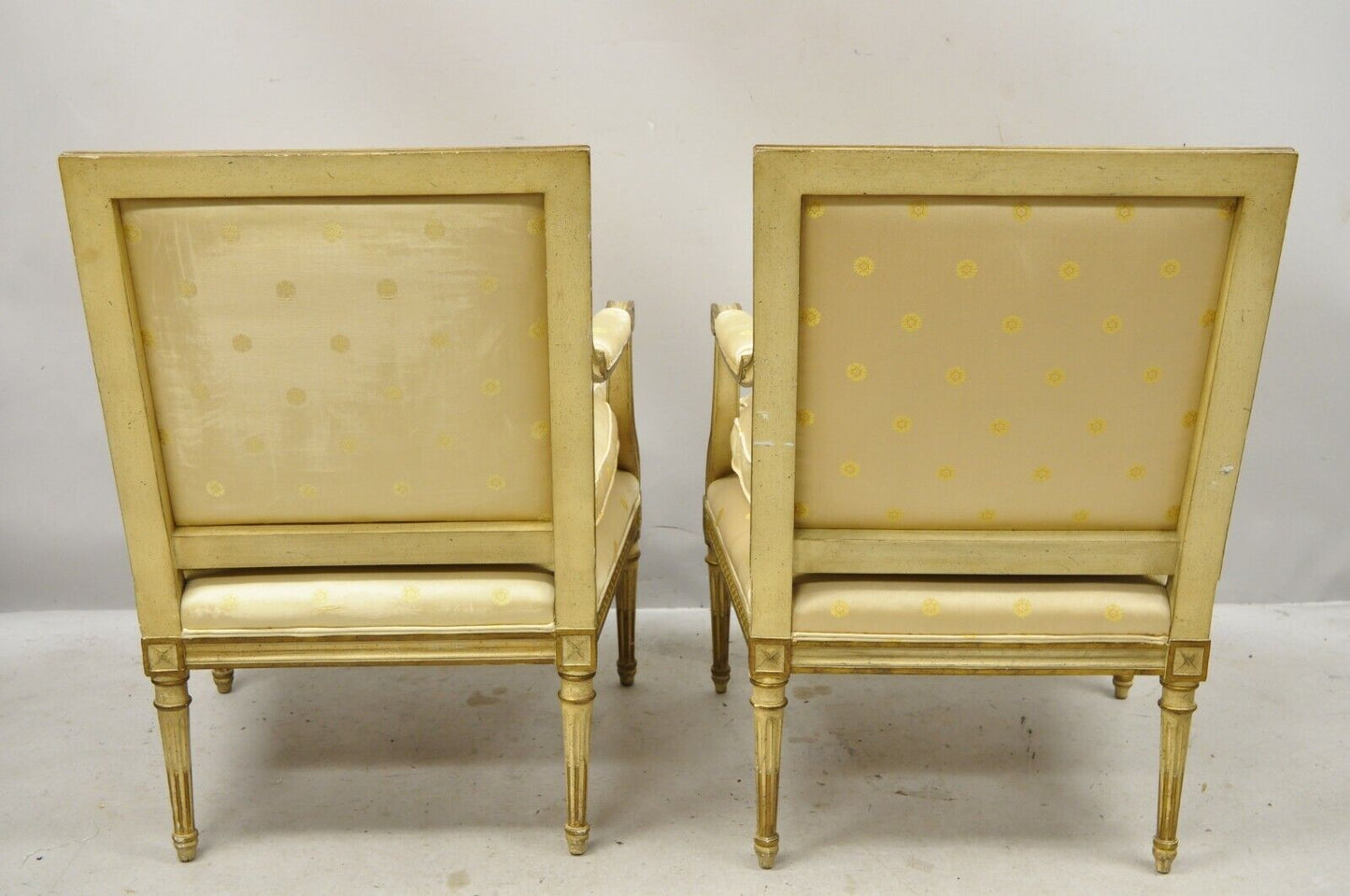 Pair French Louis XVI Neoclassical Gold Silk Fauteuil Parcel Gilt Arm Chairs