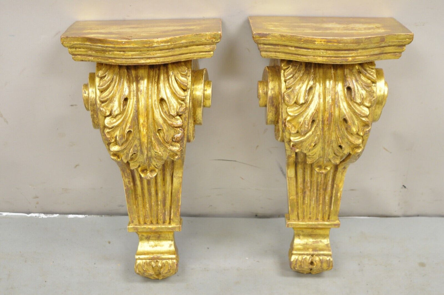 Gold Giltwood French Louis XV Style Wood Acanthus Corbel Large Wall Shelf Pair