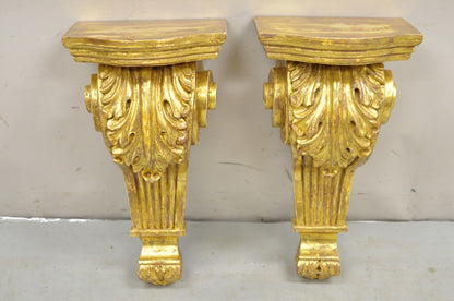 Gold Giltwood French Louis XV Style Wood Acanthus Corbel Large Wall Shelf Pair