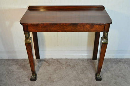 19th C. French Empire Crotch Mahogany Bronze Ormolu 1 Drawer Console Hall Table