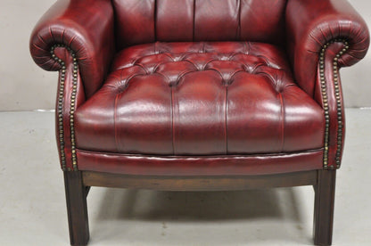 English Chesterfield Oxblood Burgundy Leather Tufted Wingback Chair and Ottoman