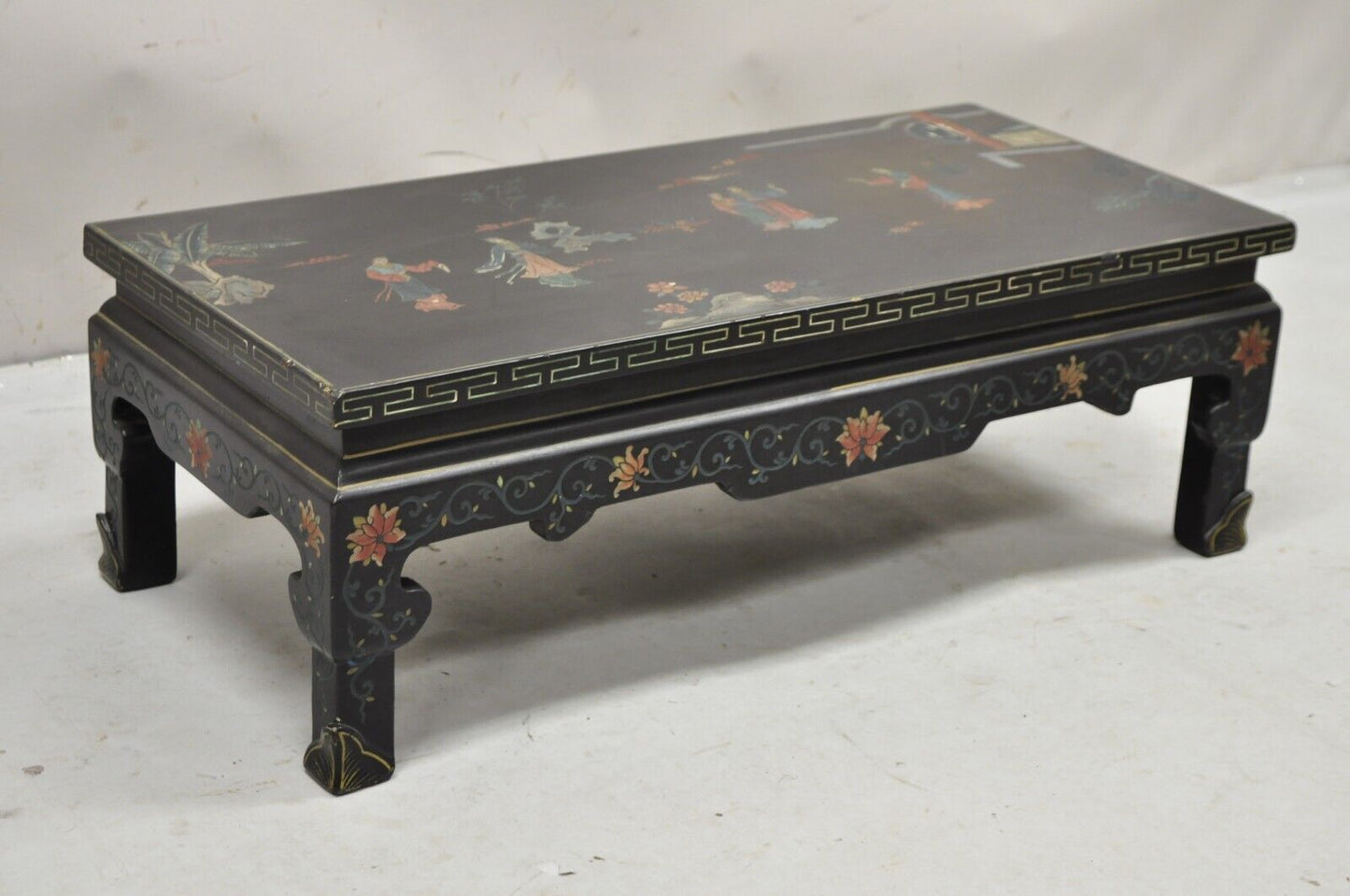 Vintage Chinese Oriental Black Lacquer Hand Painted Low Asian Side Table