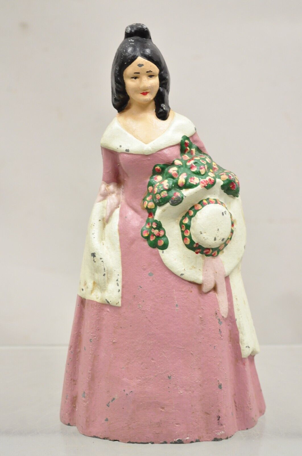 Antique Victorian Tall Cast Iron Painted Figural Woman Pink Dress Door Stop