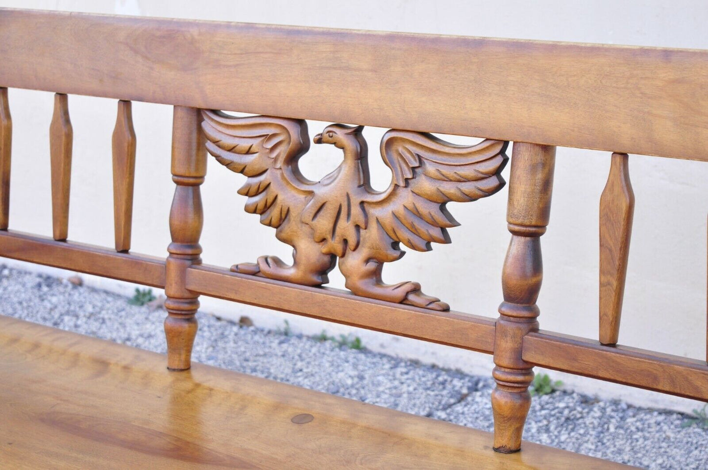 Vintage Cushman Maple Wood Settee Bench Carved Eagle Back Deacons Bench