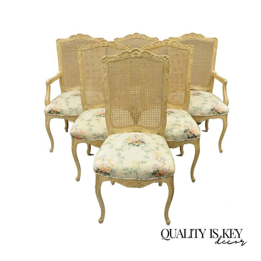 Vintage French Louis XV Provincial Style Cane Back Cream Dining Chairs- Set of 6