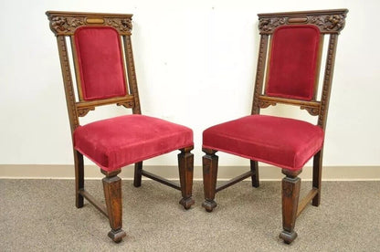 Antique Renaissance Revival Figural Lion Carved Oak Dining Chairs - Set of 4