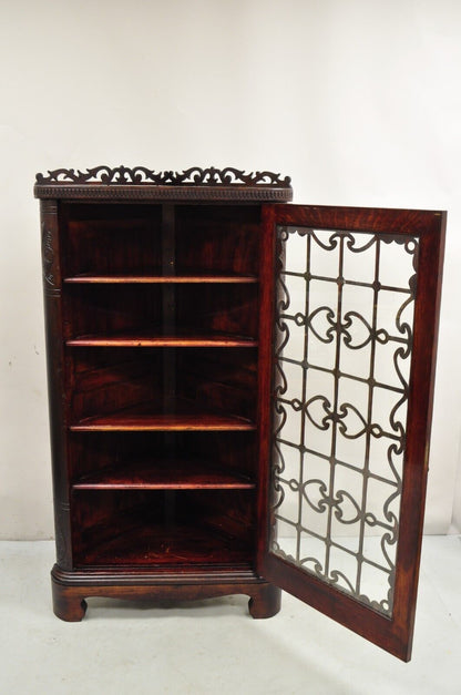 Antique Arts & Craft Oak Wood Glass One Door Fretwork Corner China Cabinet Curio