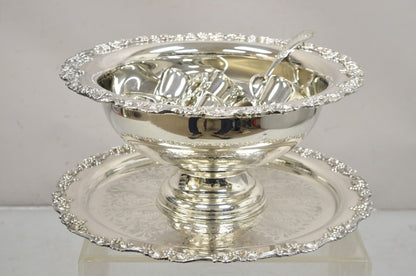 Vintage Victorian Style Silver Plated Grapevine Punch Bowl Set 12 Cups - 15 pcs