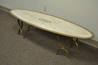 Italian Hollywood Regency Travertine & Brass Long Oval Surfboard Coffee Table