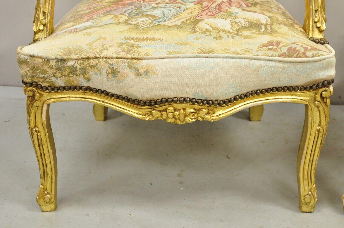 Vintage French Louis XV Style Gold Giltwood Tapestry Fabric Arm Chairs - a Pair