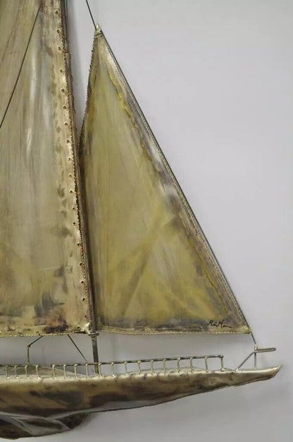 RaMan Brutalist Mid Century Modern Jere Style Brass Clipper Ship Wall Sculpture