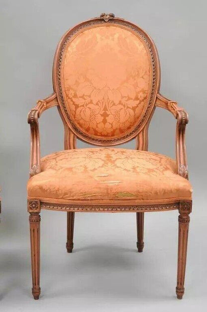 French Louis XVI Style Pink Distress Painted Oval Back Dining Arm Chairs - Pair