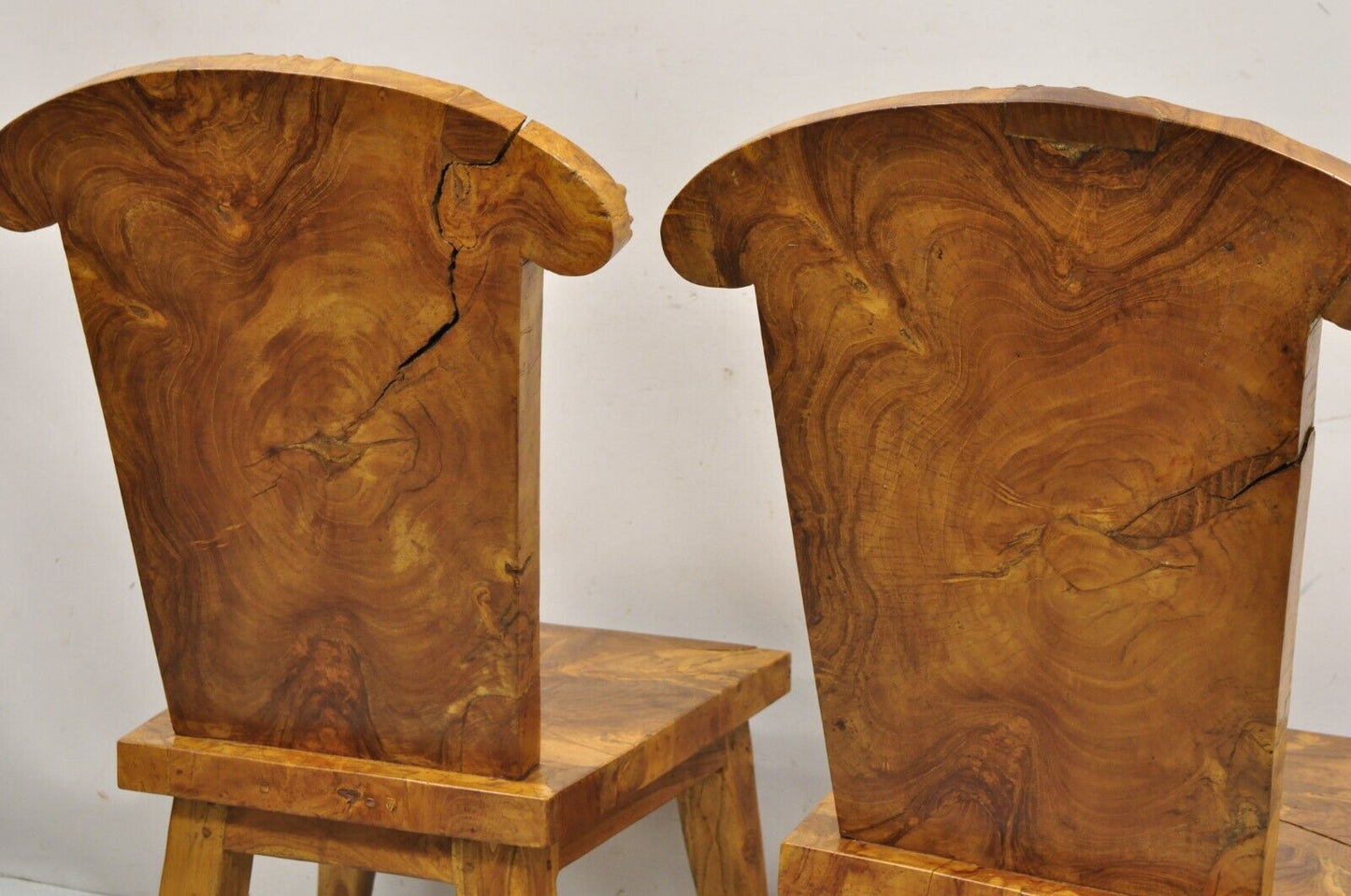 Indonesian Carved Solid Burl Wood Slab Continental Figural Side Chairs - a Pair