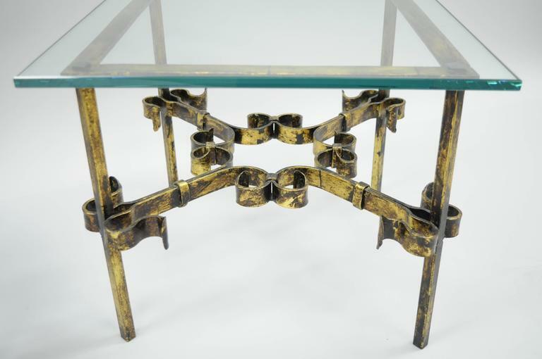 Pair Hollywood Regency Gold Gilt Iron Square Glass Top Brutalist Low End Tables