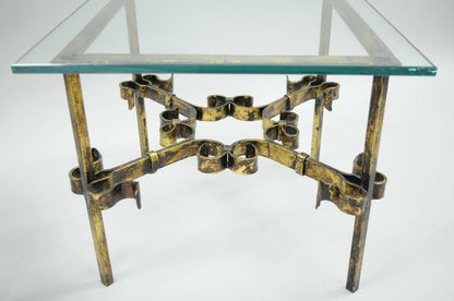 Pair Hollywood Regency Gold Gilt Iron Square Glass Top Brutalist Low End Tables