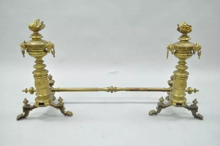 19th C. French Empire Neoclassical Flame & Lion Brass Paw Andirons & Bar - Pair