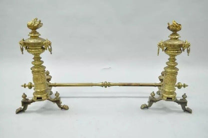 19th C. French Empire Neoclassical Flame & Lion Brass Paw Andirons & Bar - Pair