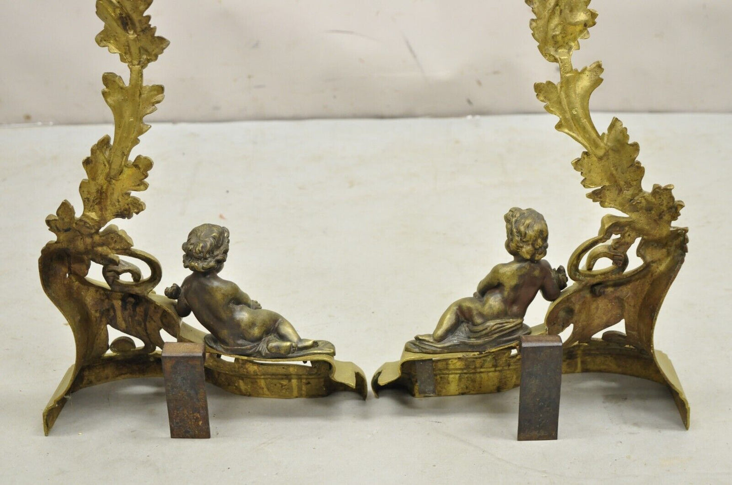 Antique French Louis XV Rococo Style Bronze Cherub Acanthus Leaf Andirons - Pair