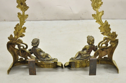 Antique French Louis XV Rococo Style Bronze Cherub Acanthus Leaf Andirons - Pair