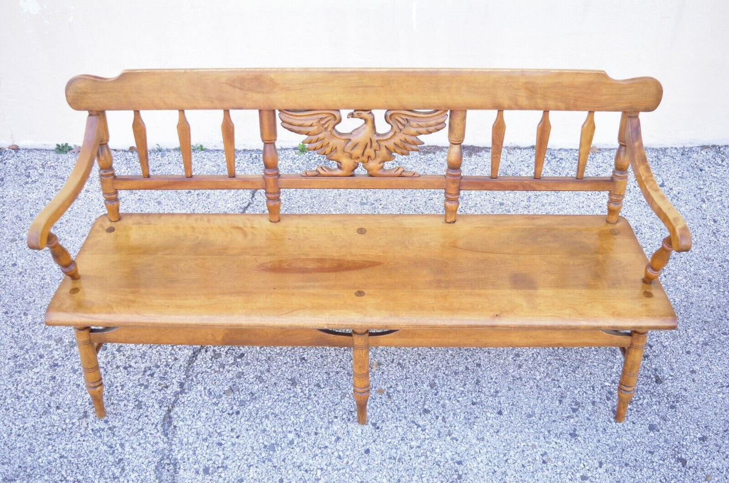 Vintage Cushman Maple Wood Settee Bench Carved Eagle Back Deacons Bench