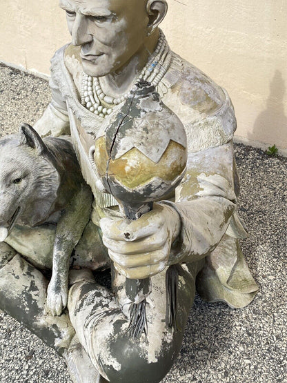 Vintage Life Size Native American Indian Fiberglass Seated Chief and Wolf Statue