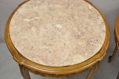 French Provincial Hollywood Regency Round Pink Marble Top Side Tables - a Pair