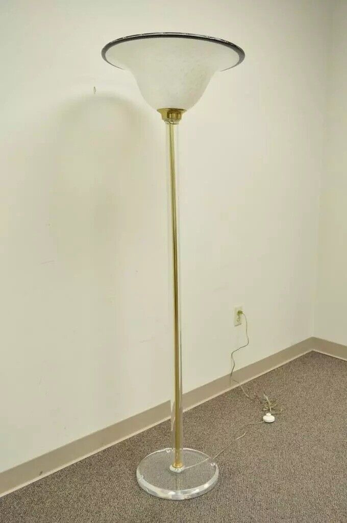 Vintage Mid Century Hollywood Regency Lucite Brass Glass Torchiere Floor Lamp