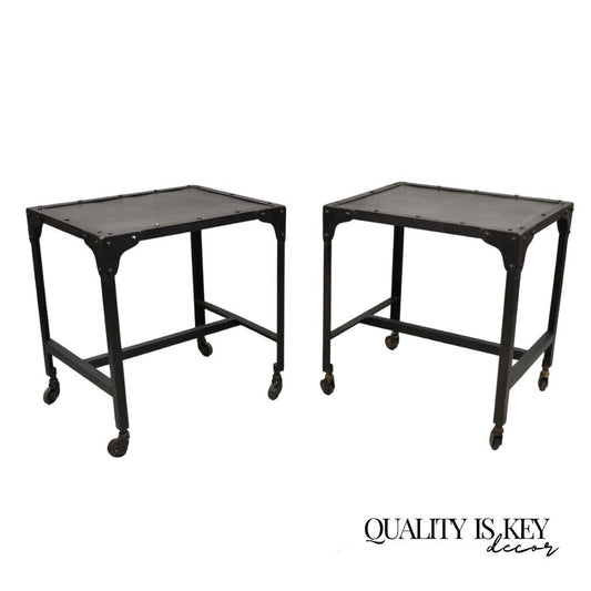 Decorator Industrial Vintage Style Steel Metal Side Tables on Wheels - a Pair