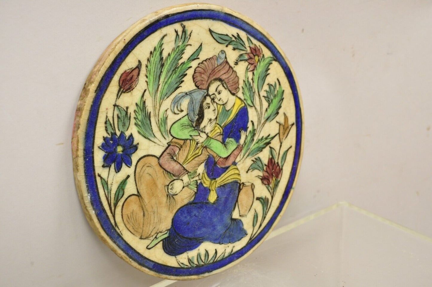 Antique Persian Iznik Qajar Style Ceramic Pottery Round Tile Sitting Couple C4