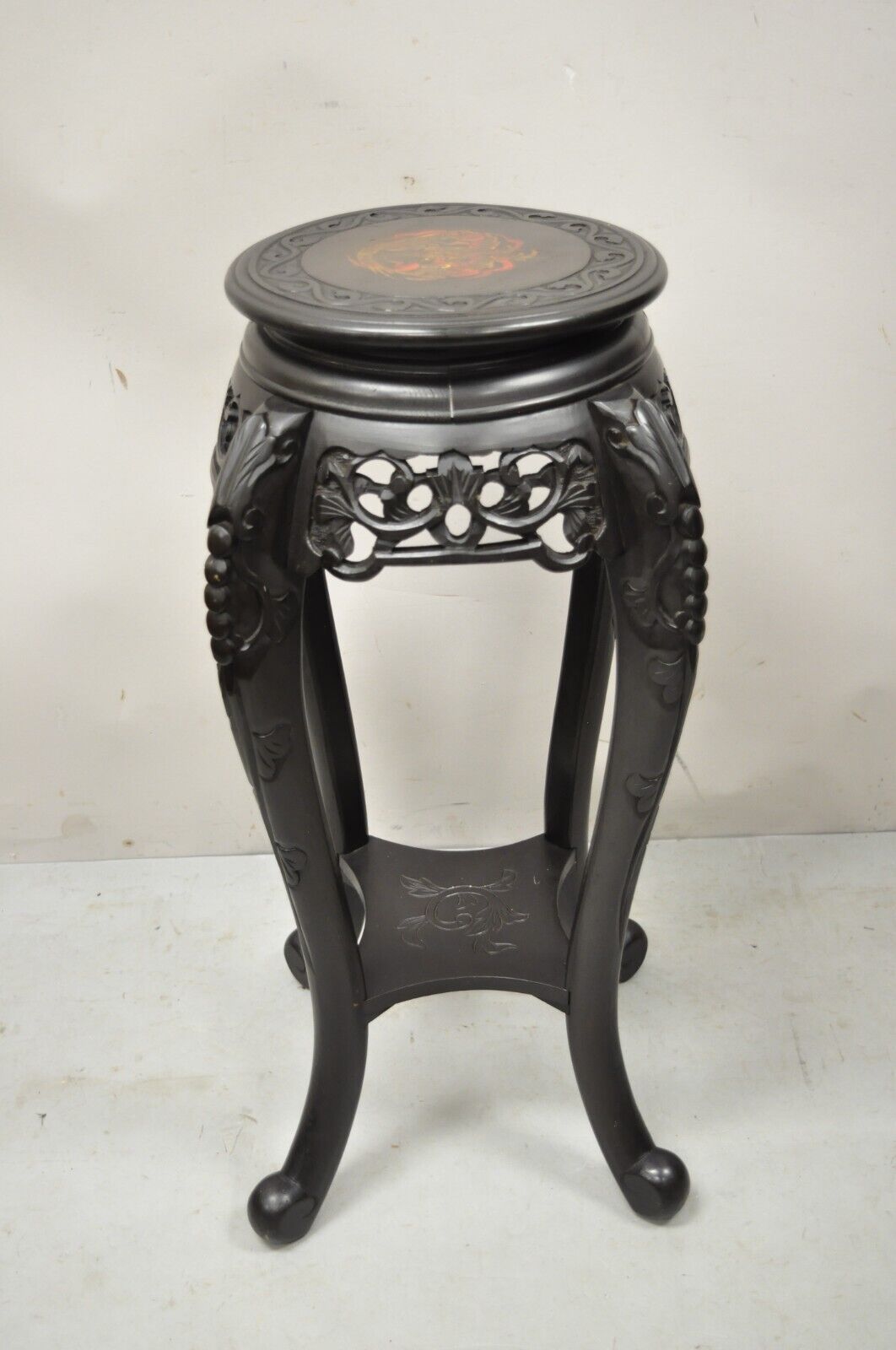 Japanese Carved Wood Black Ebonized 28" Plant Stand Side Table Lacquer Top