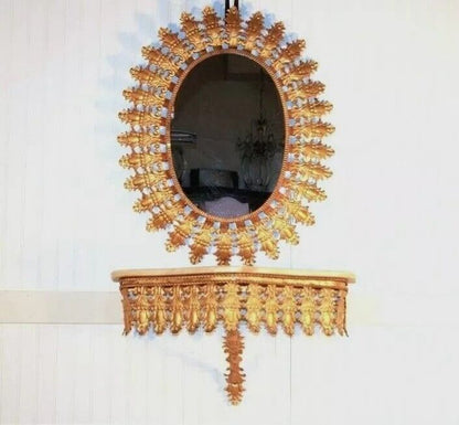 Italian Hollywood Regency Gold Iron Sunburst Mirror and Marble Top Wall Console