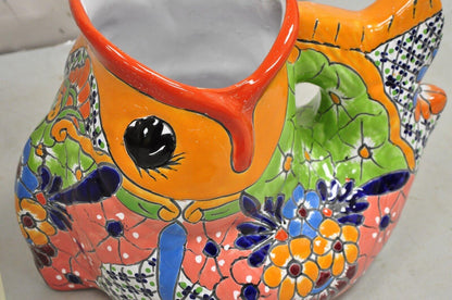 Vintage Mexican Talavera Blue Orange Hand Painted Pottery Fish Planters - a Pair