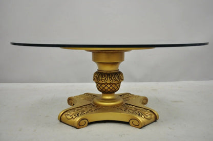 Vintage Hollywood Regency Gold Wooden Pedestal Base Round Glass Top Coffee Table