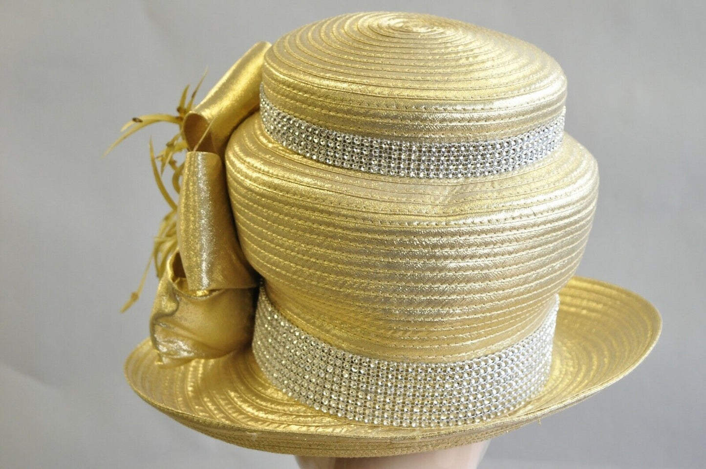 Vintage Whittall & Shon Metallic Gold Rhinestones 3 Tier Church Derby Crown Hat