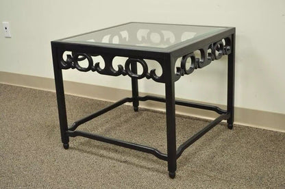 Vintage Oriental Chinoiserie Black Fretwork Glass Square Occasional Side Table