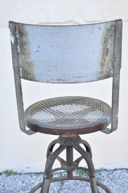 Antique American Industrial Metal Drafting Work Stool with Oak and Cane Seat